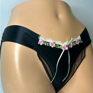 IZA Liquid Satin Black Embroidered Floral Smooth Silk Stretch Feminine Panty NEW
